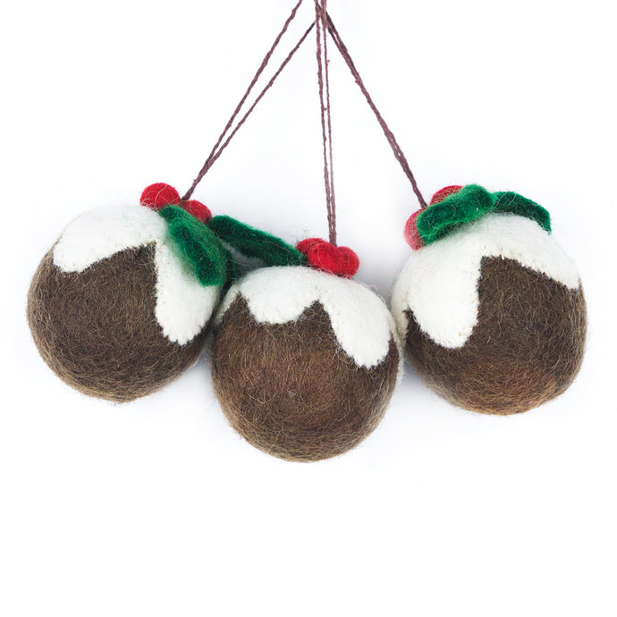 Three Handmade Felt Christmas Pudding Decorations